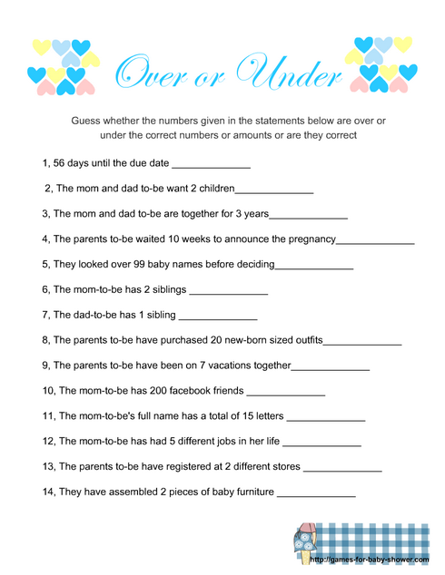 Over or Under Baby Shower Game Printable in Blue Color