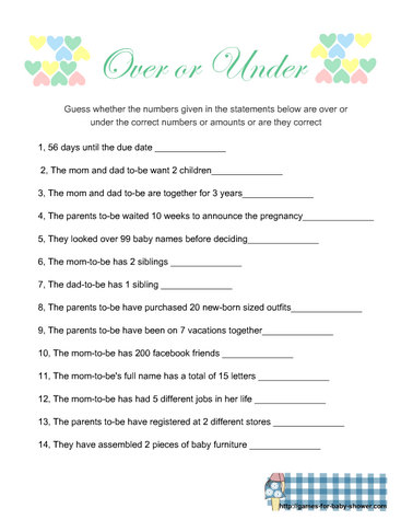 Free Printable Over or Under Baby Shower Game in mint Color