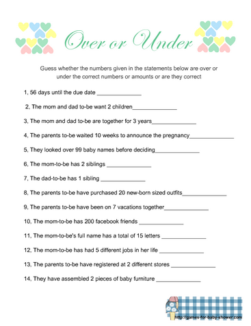 Over or Under Quiz Printable Over or Under Game Bridal 