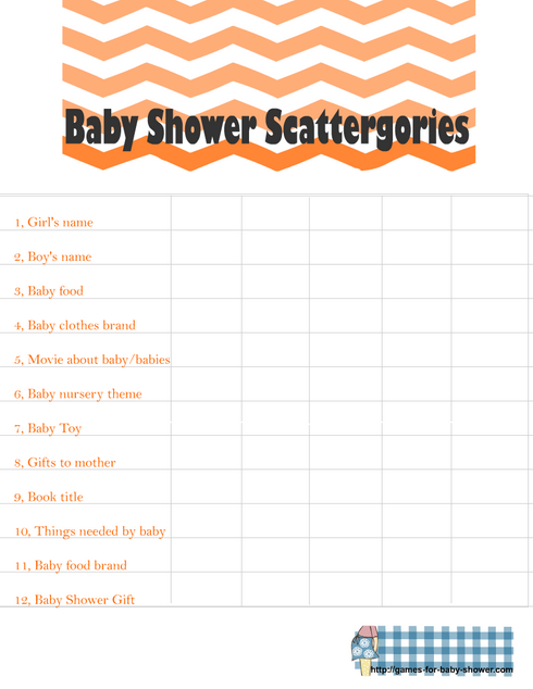Scattergories inspired free printable baby shower game in orange color