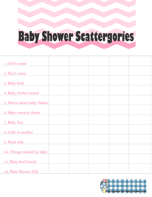 Free Printable Baby Shower Scattergories in Pink Color