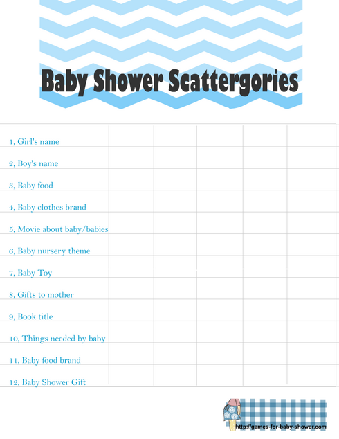 Free Printable Baby Shower Scattergories Categories in Blue color