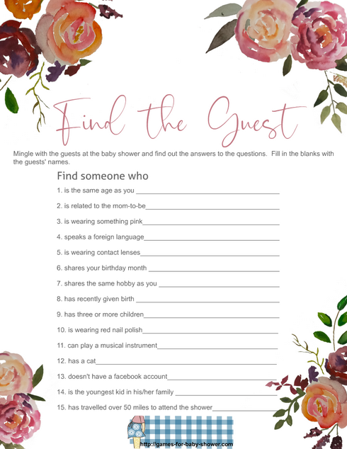 Blush and Pink Floral Baby Shower Find the Guest, Printable Game