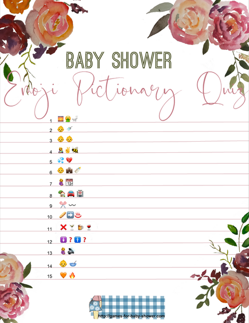 Free Printable Blush and Pink Floral Baby Shower Emoji Pictionary Quiz