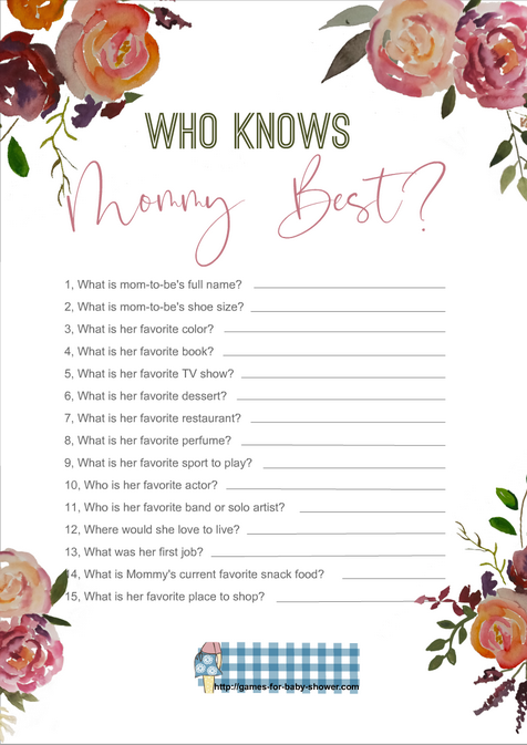 Blush and Pink Floral Baby Shower Who knows Mommy Best? Game