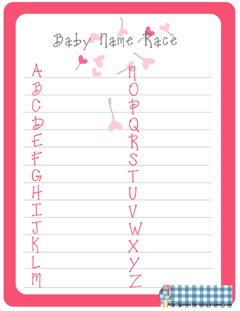free printable baby name race game for girl baby shower