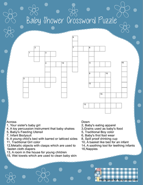 free printable baby shower crossword puzzle game in blue color
