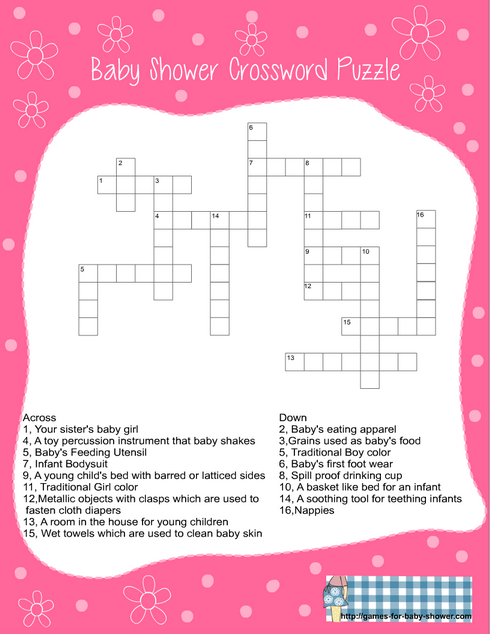 free printable baby shower crossword puzzle game in pink color