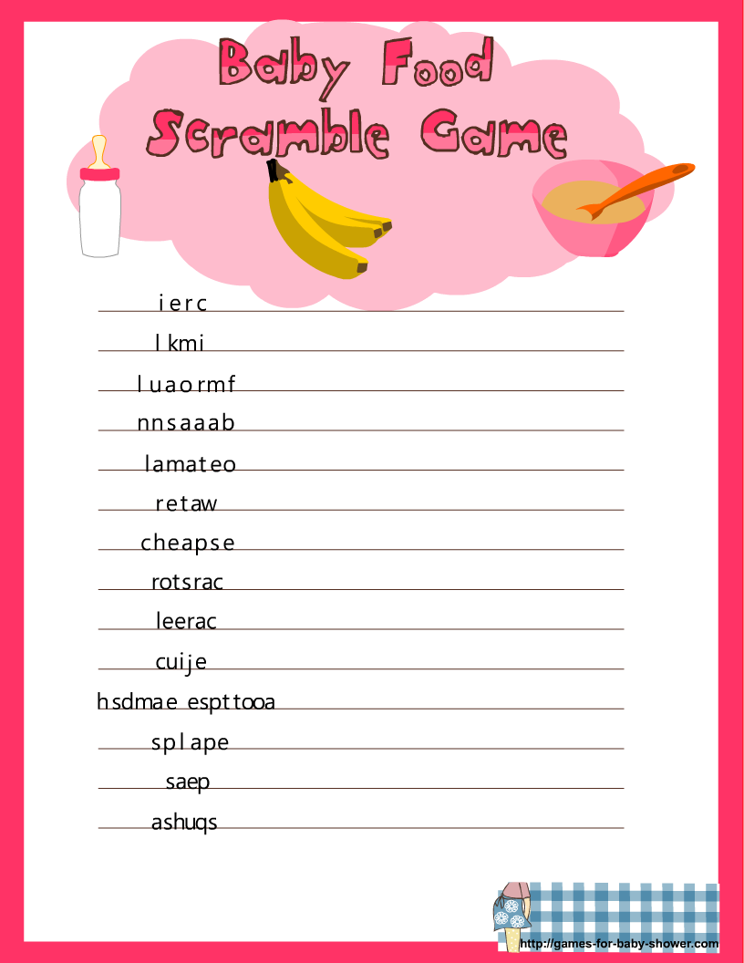 Free Printable Baby Food Scramble Game For Baby Shower