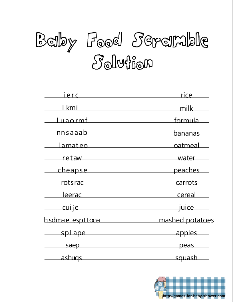 Free Printable Baby Food Scramble Game For Baby Shower