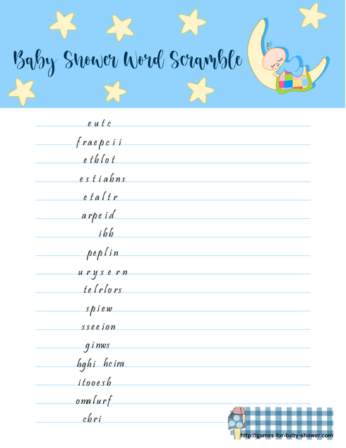 free printable baby shower word scramble game in blue color