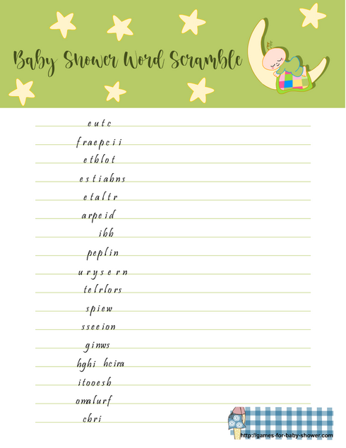 free printable baby shower word scramble in green color