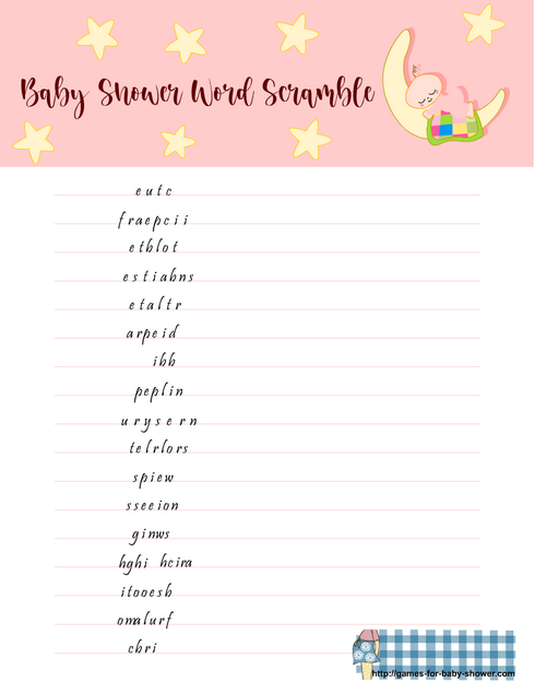 free printable baby shower word scramble in pink color