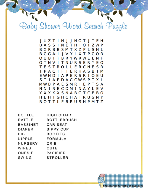 free printable baby shower word search game in blue color