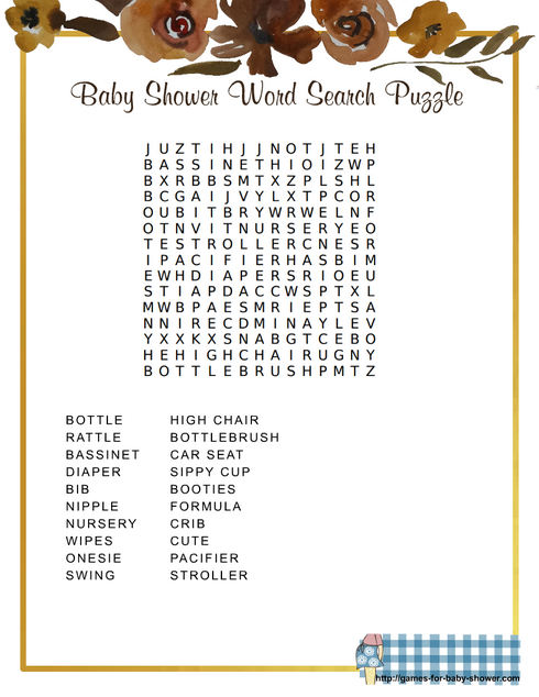 baby shower word search game in brown color