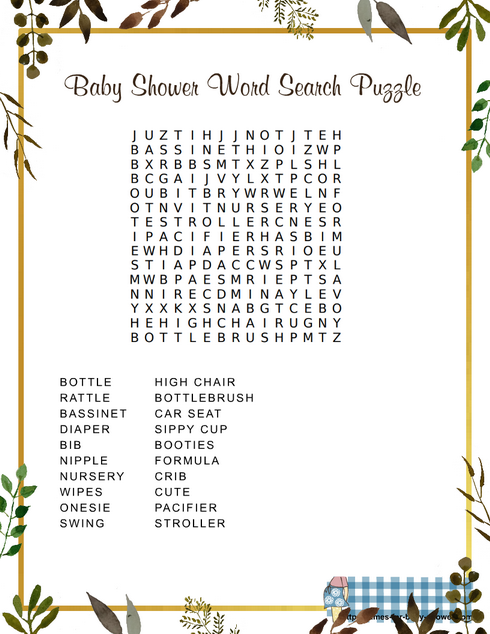 free printable baby shower word search game in green color