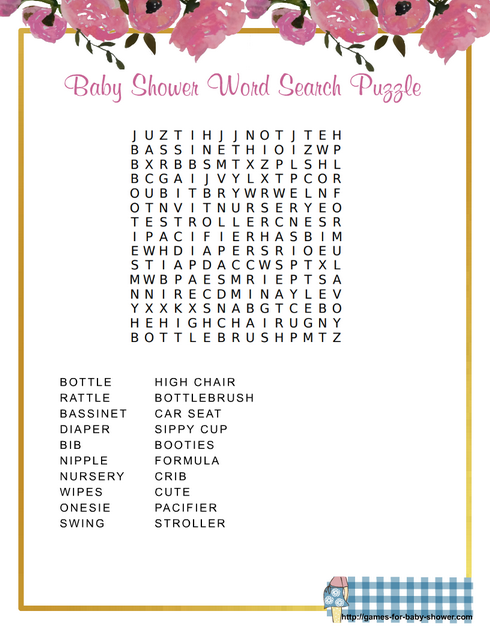 girl baby shower word search game in pink color