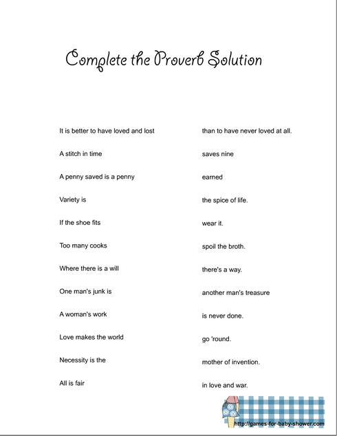 Baby Shower Complete the Proverb Game Answer Key