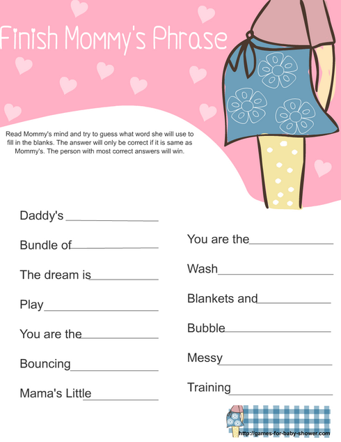free printable finish mommy's phrase game for baby shower in pink color