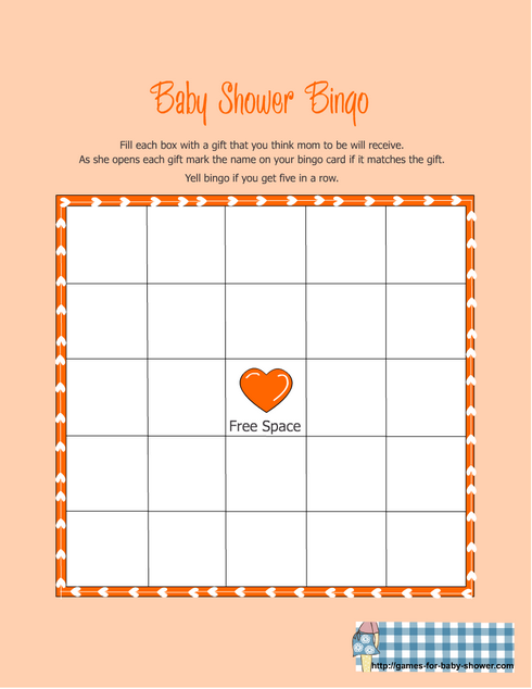baby shower gift bingo printable in orange color