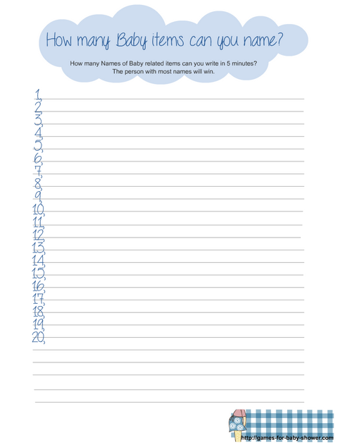 free printable stationery for how many baby items can you name game in blue