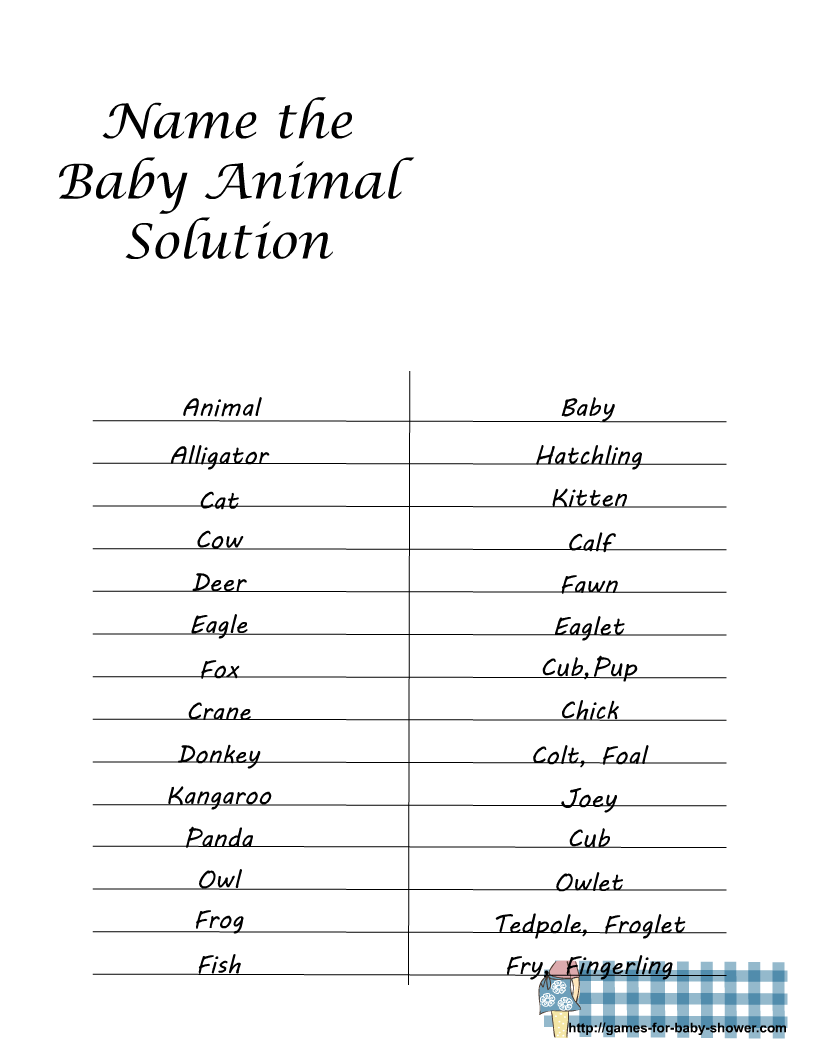 Free Printable Name the baby Animal Game for baby Shower