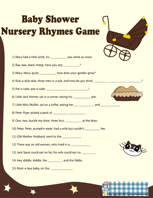 Nursery rhyme game for baby shower in brown color