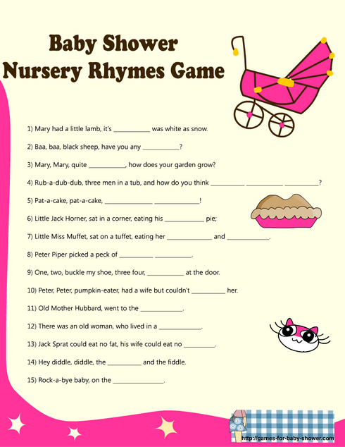 Complete the nursery rhyme game for baby shower in pink color