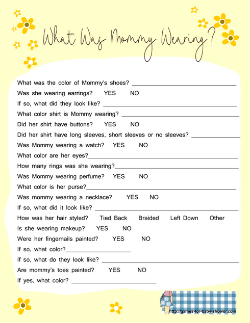 free printable what was mommy wearing game in yellow color