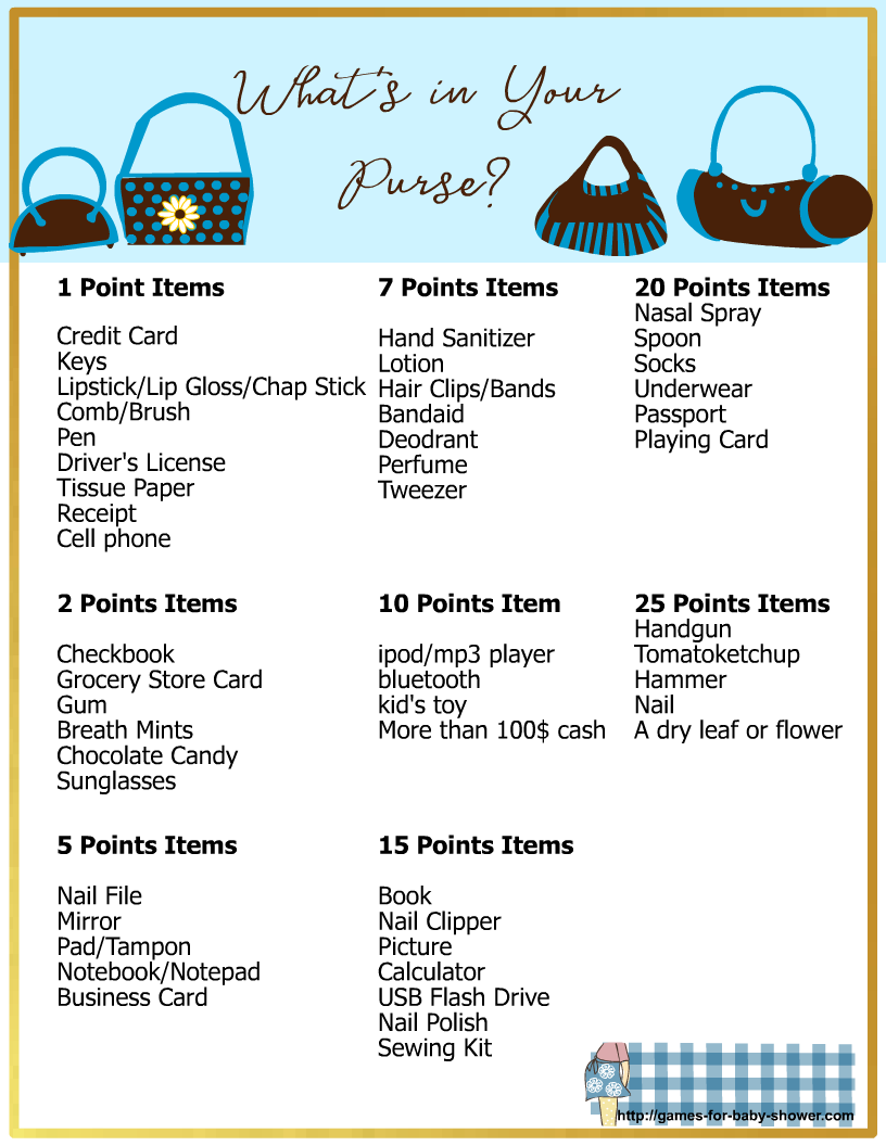 whats in your purse free printable baby shower game