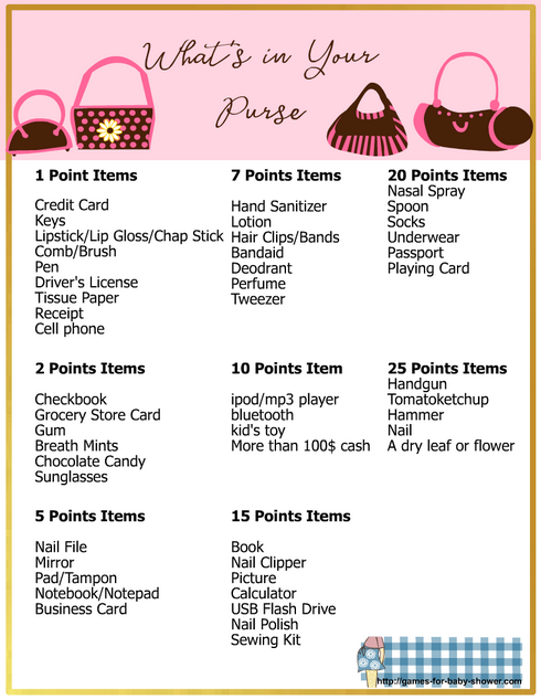 whats in your purse free printable game for girl baby shower