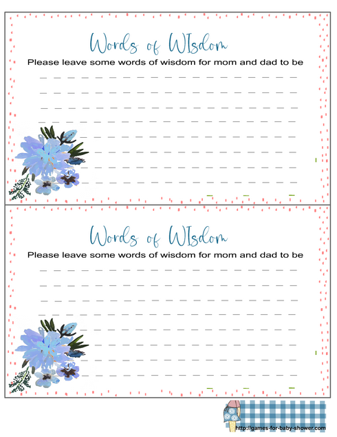 free printable words of wisdom game cards for baby shower in blue color