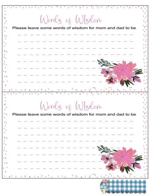 words of wisdom game cards for baby shower in pink color